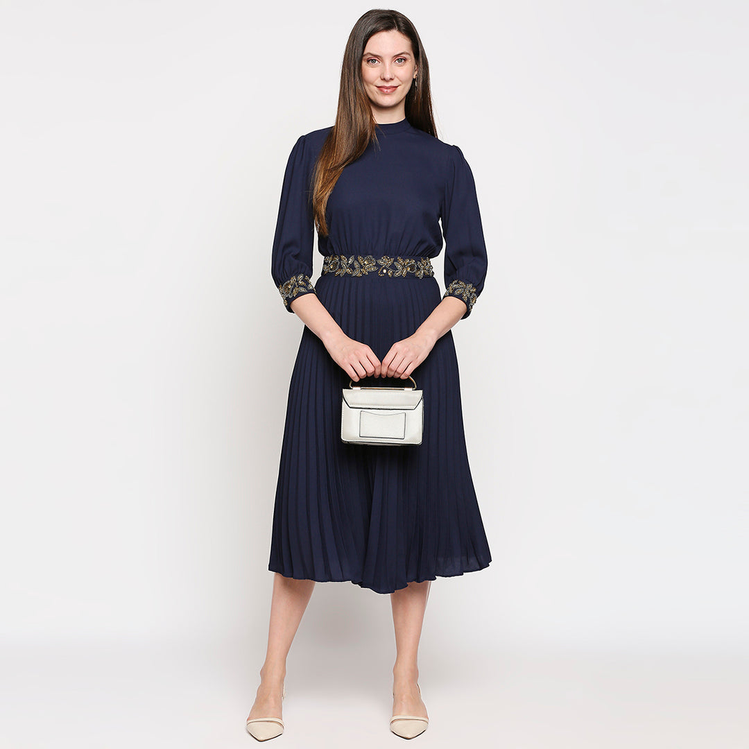 Navy Blue & Gold-Toned Crepe A-Line Midi Dress AaliyaIndia Navy Blue & Gold-Toned Crepe A-Line Midi Dress AaliyaIndia