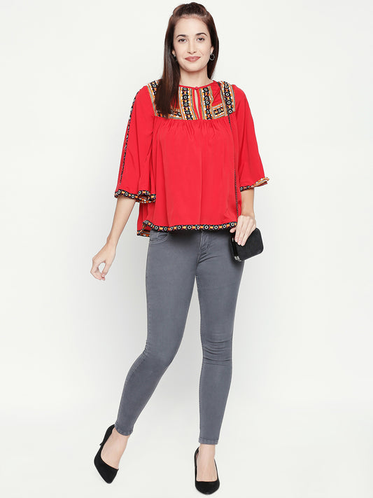 Red & Black Embroidered Keyhole Neck Crepe Top