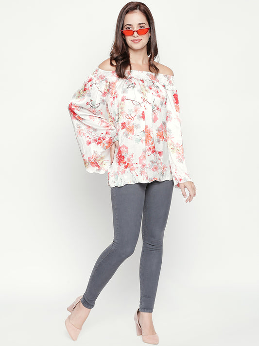 White & Red Floral Print Off-Shoulder Georgette Bardot Top