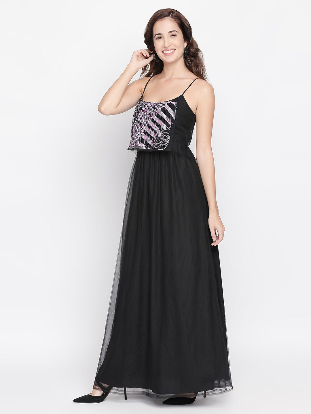 Black Embroidered Layered Net Maxi Dress