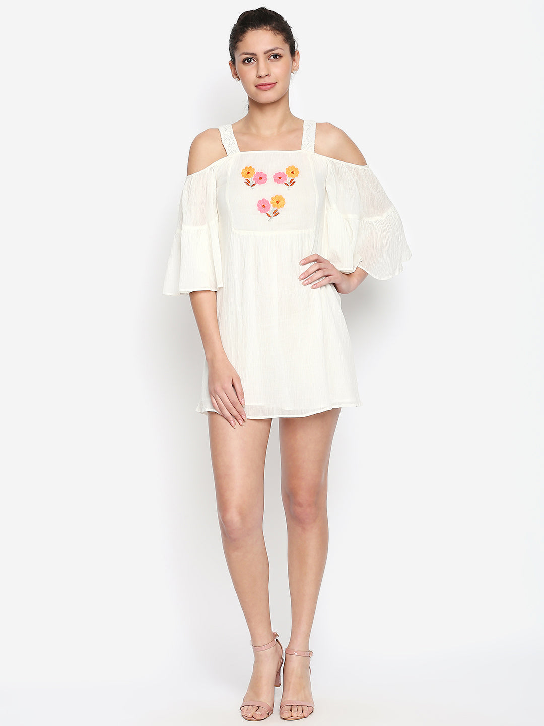 White Floral Embroidered Chiffon A-Line Cotton Mini Dress