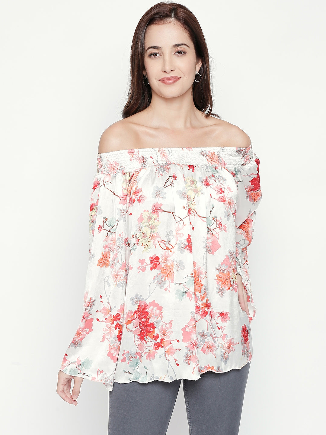 White & Red Floral Print Off-Shoulder Georgette Bardot Top