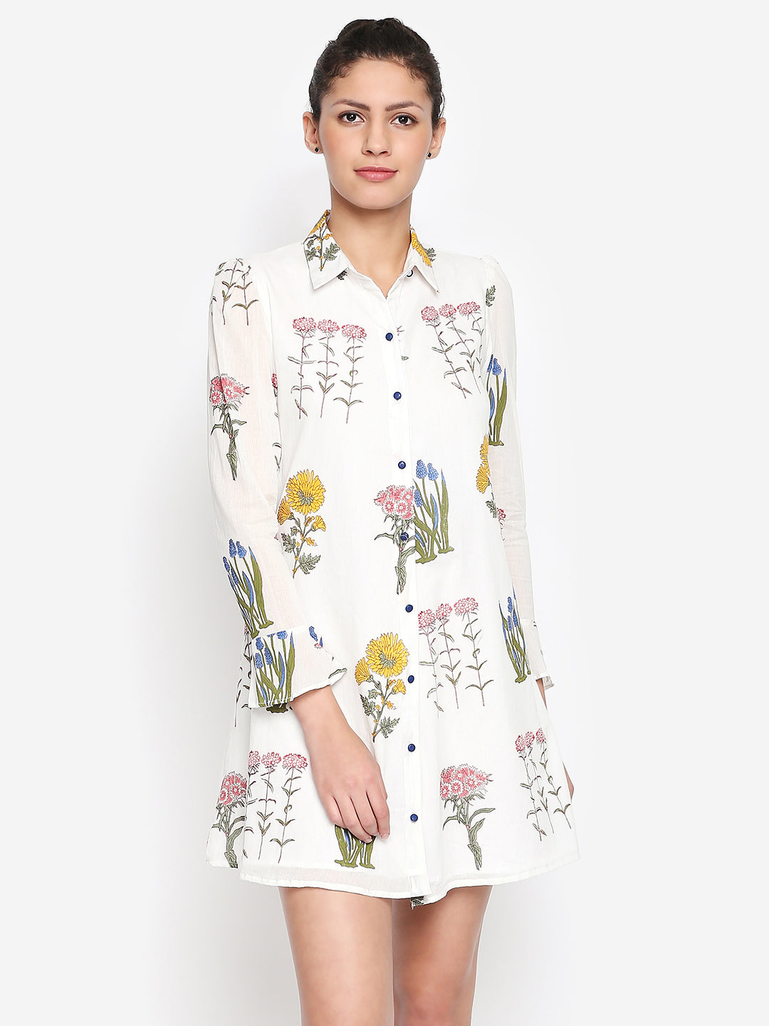 White & Olive Green Floral Shirt Cotton Mini Dress