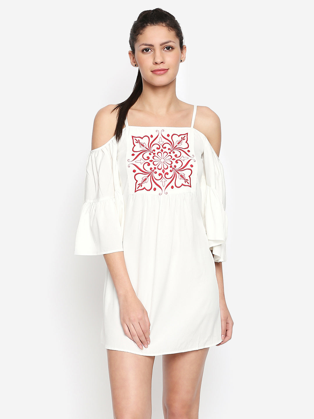 White & Red Floral Embroidered Crepe A-Line Mini Dress