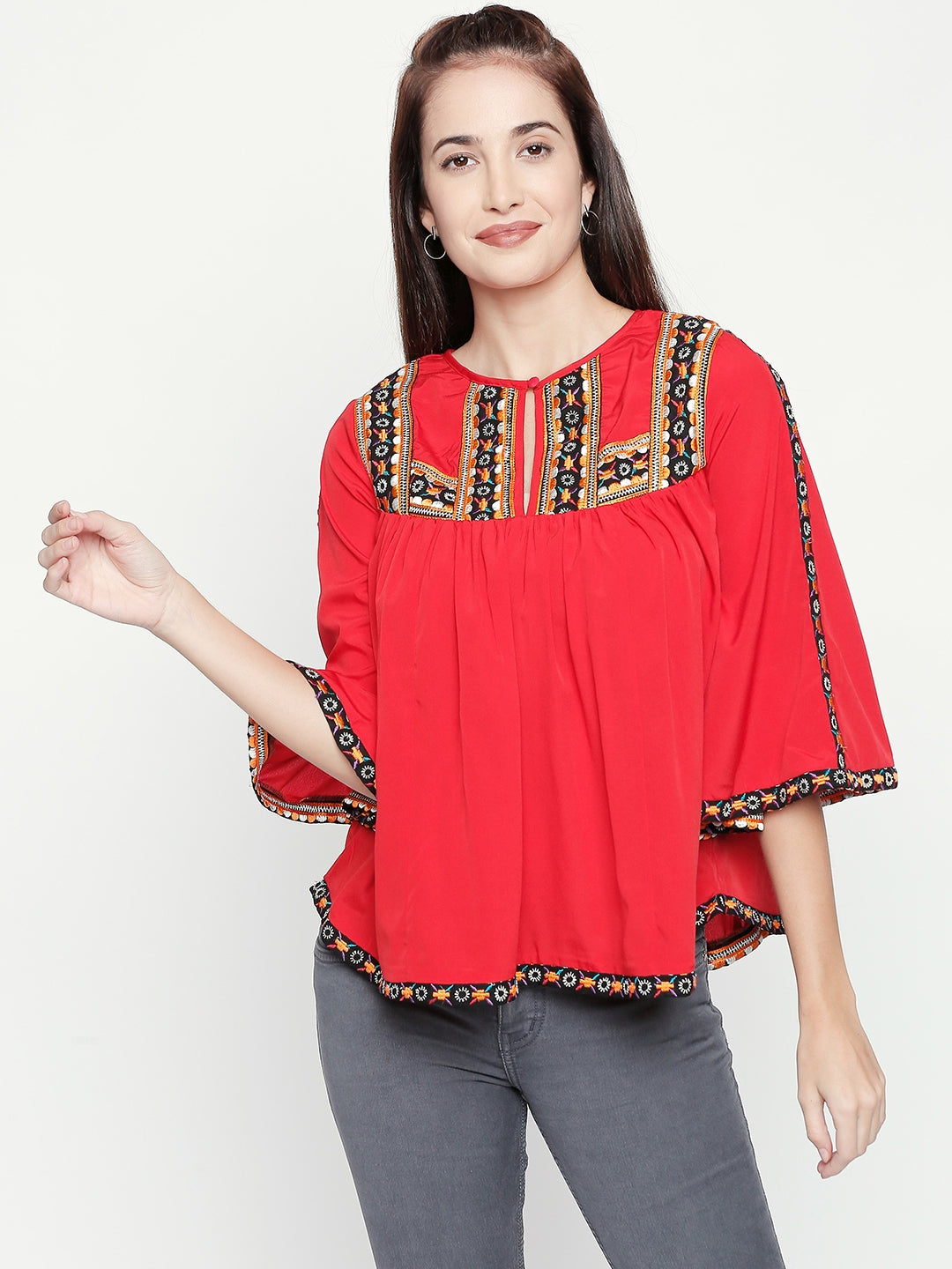 Red & Black Embroidered Keyhole Neck Crepe Top