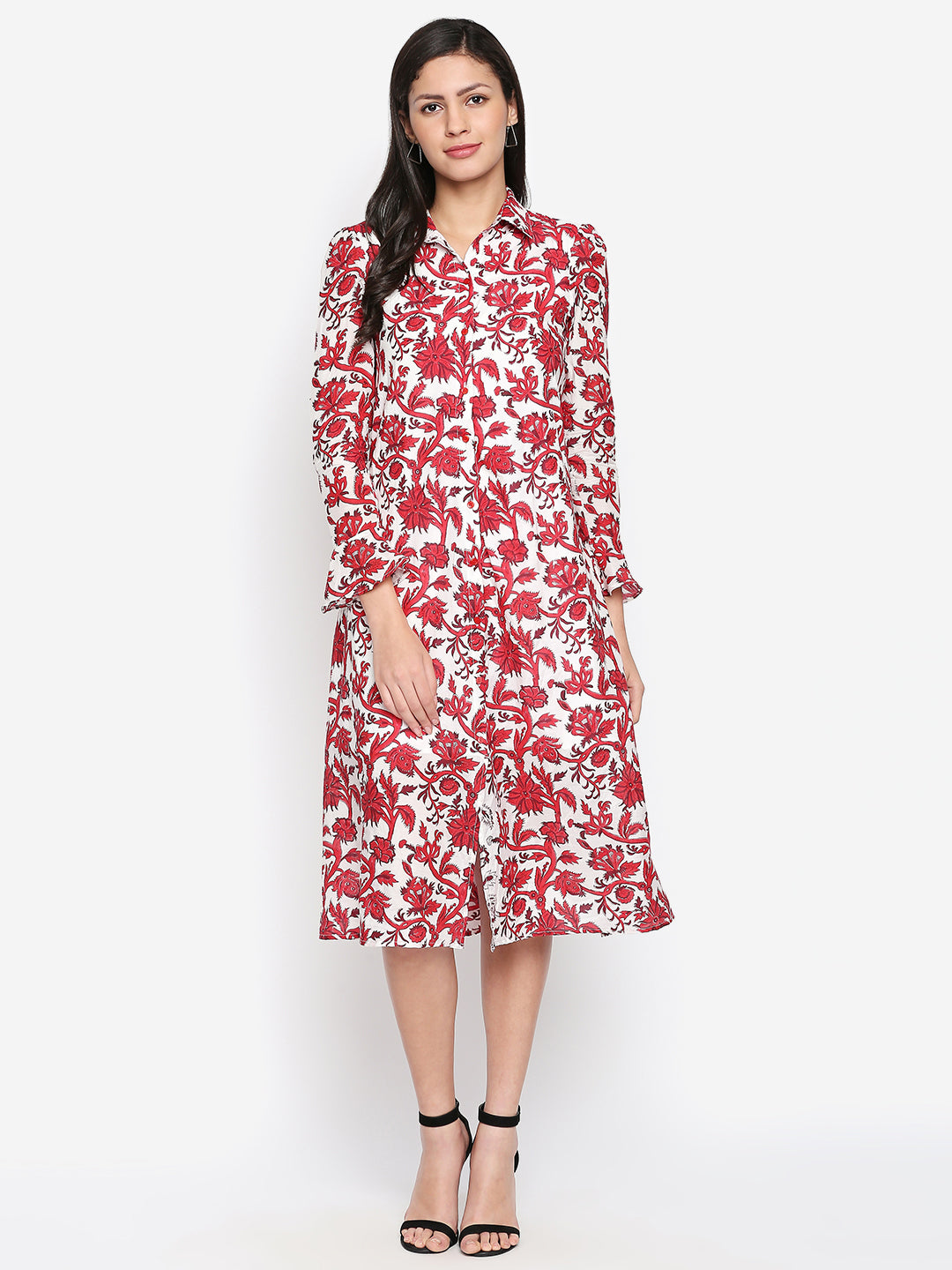 Red & White Floral Shirt Midi Dress