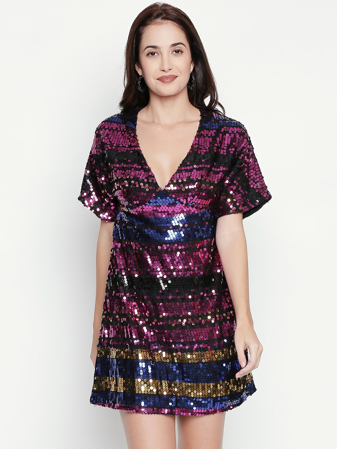 Multicoloured Embellished Mermaid Sequin Georgette Mini Dress