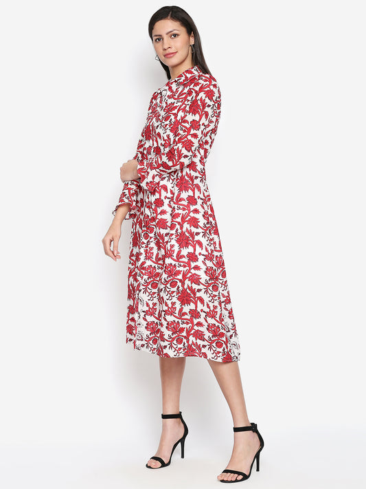 Red & White Floral Shirt Midi Dress