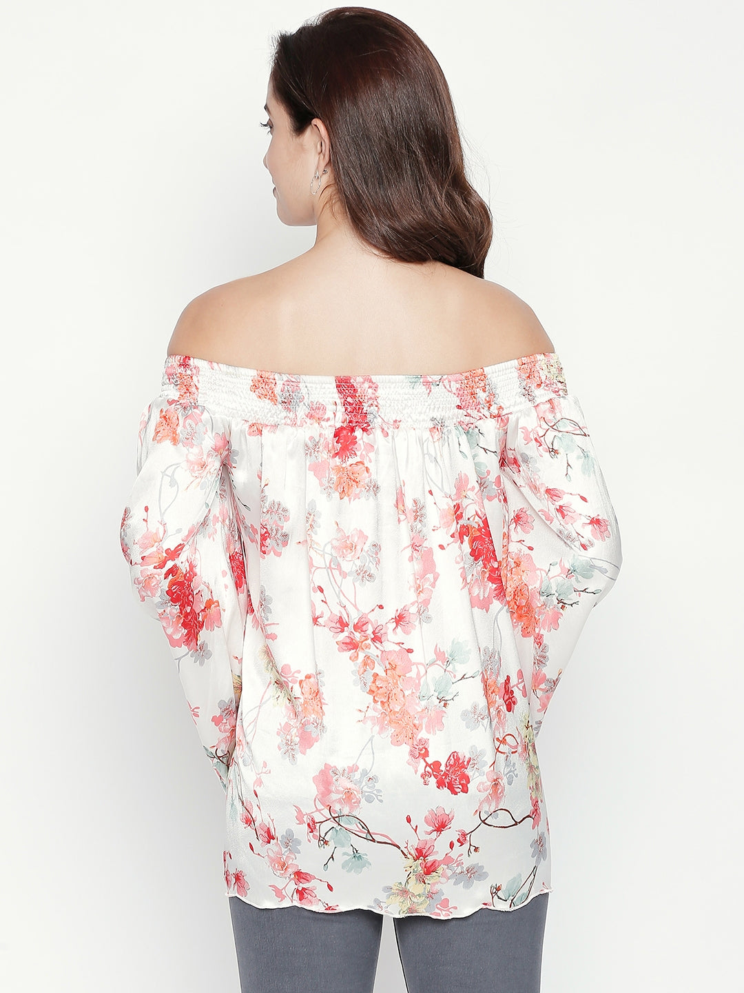 White & Red Floral Print Off-Shoulder Georgette Bardot Top