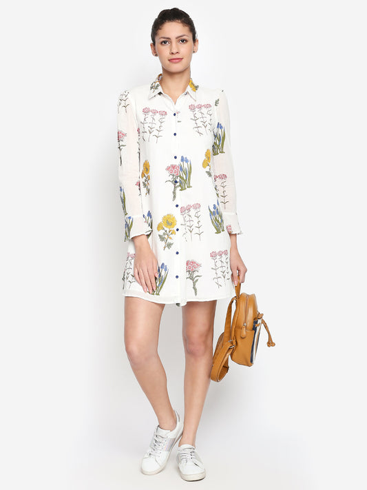 White & Olive Green Floral Shirt Cotton Mini Dress