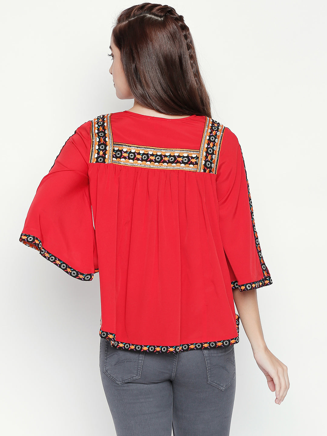 Red & Black Embroidered Keyhole Neck Crepe Top