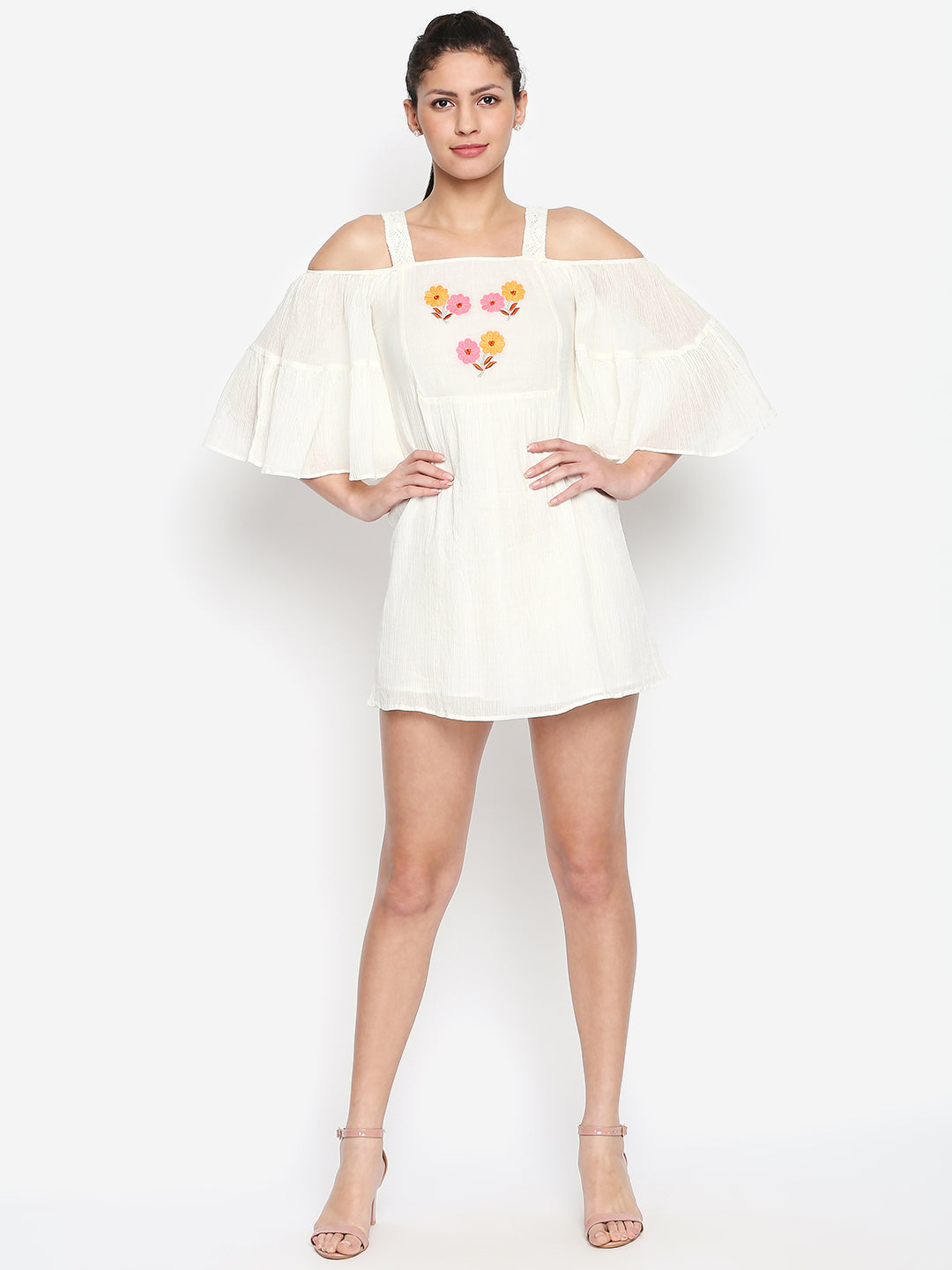 White Floral Embroidered Chiffon A-Line Cotton Mini Dress