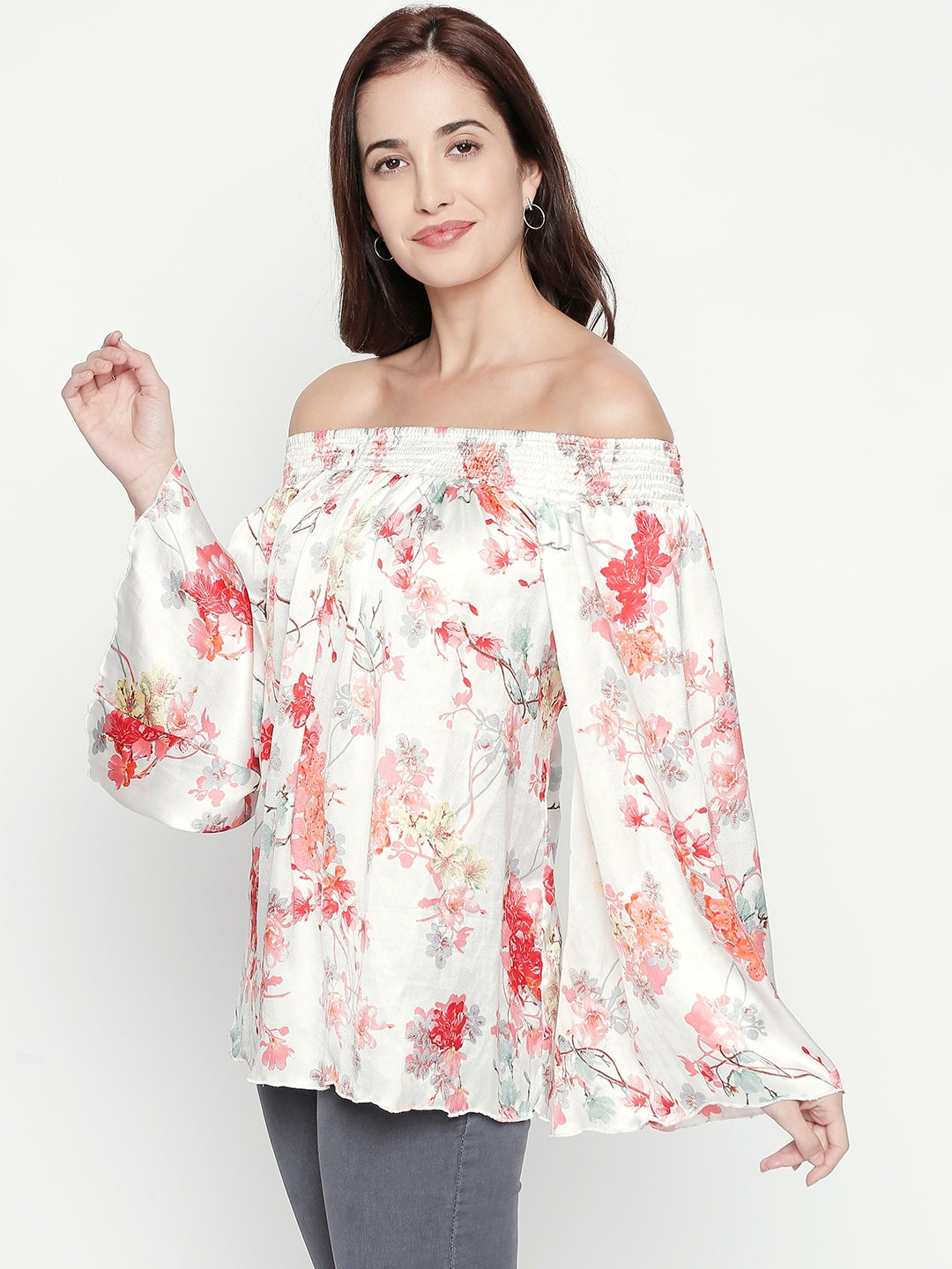 White & Red Floral Print Off-Shoulder Georgette Bardot Top