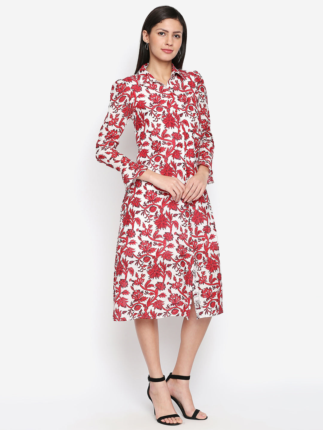 Red & White Floral Shirt Midi Dress