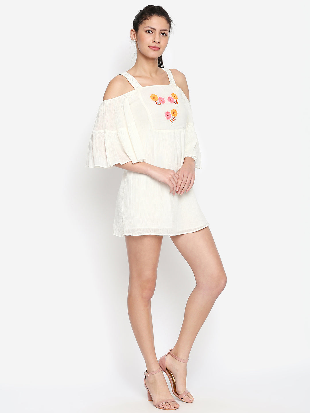 White Floral Embroidered Chiffon A-Line Cotton Mini Dress