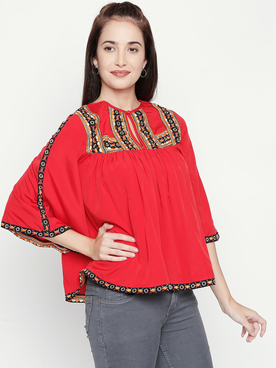 Red & Black Embroidered Keyhole Neck Crepe Top