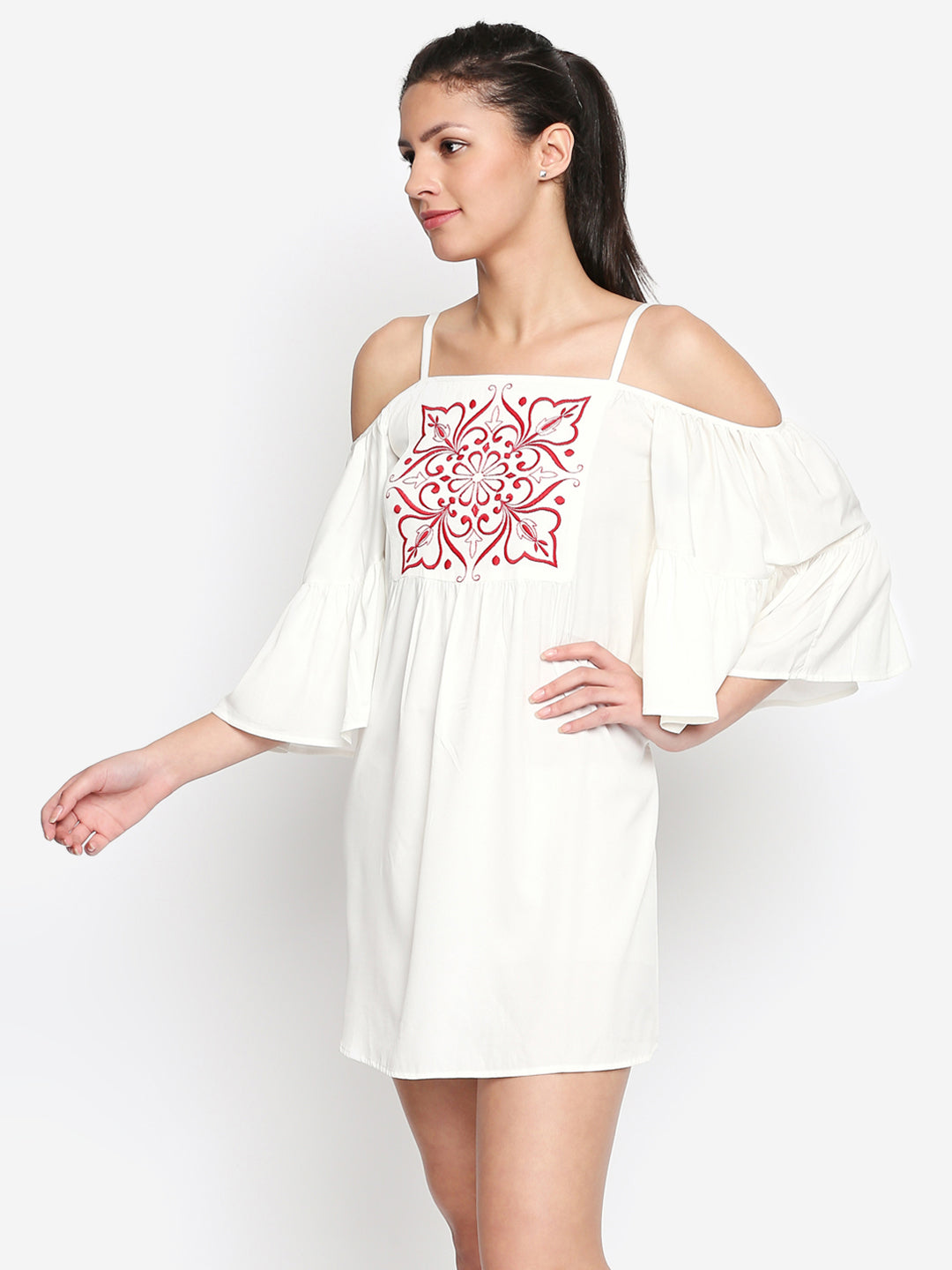 White & Red Floral Embroidered Crepe A-Line Mini Dress