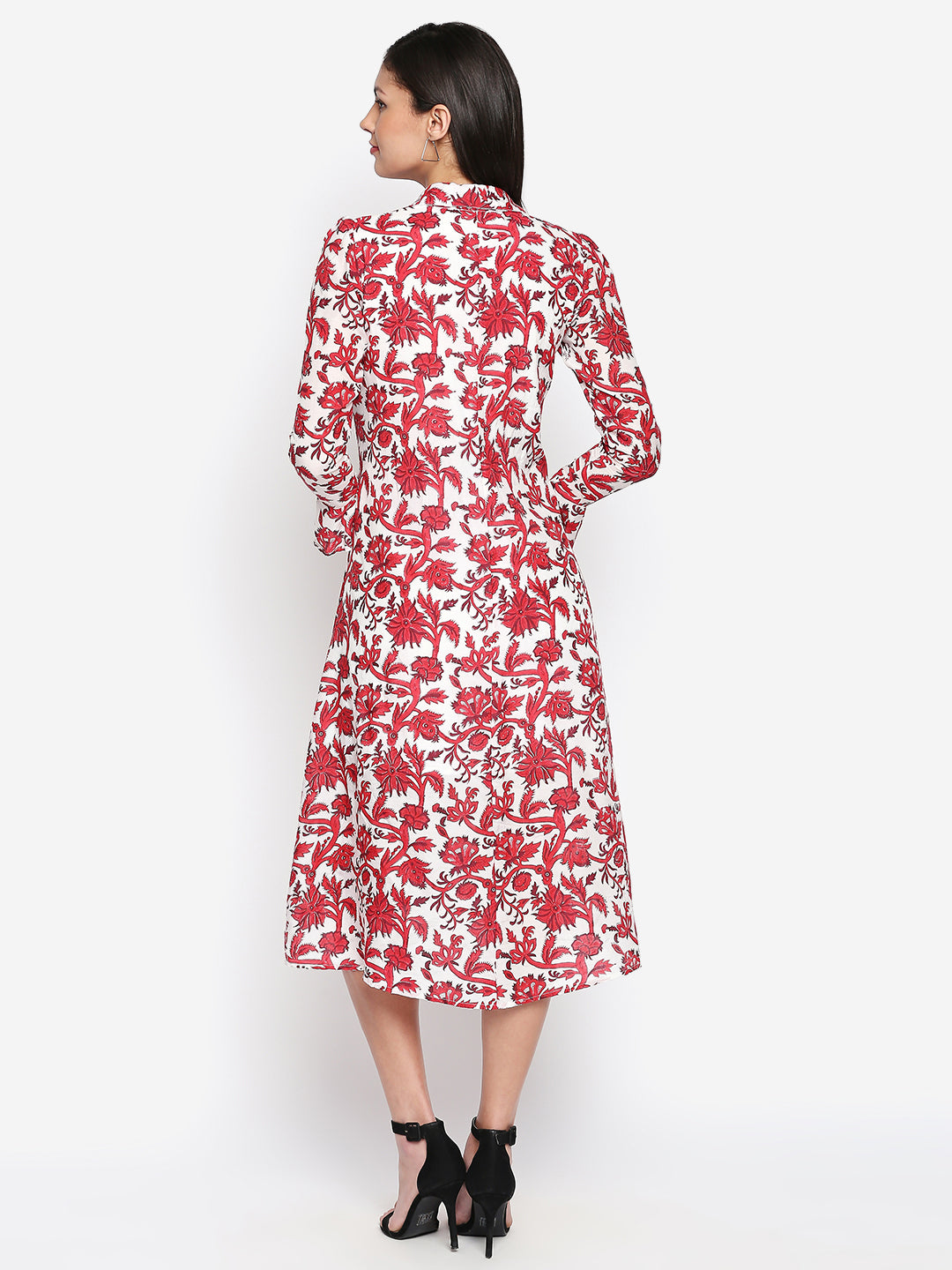 Red & White Floral Shirt Midi Dress