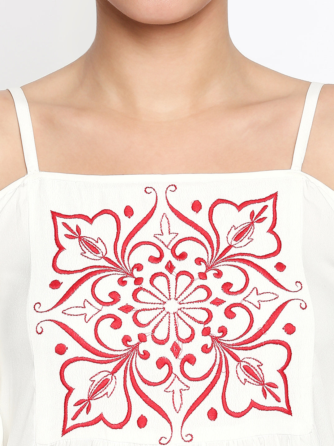 White & Red Floral Embroidered Crepe A-Line Mini Dress