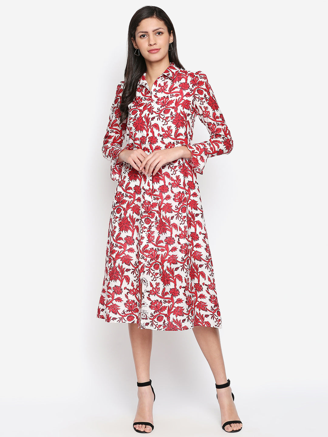 Red & White Floral Shirt Midi Dress