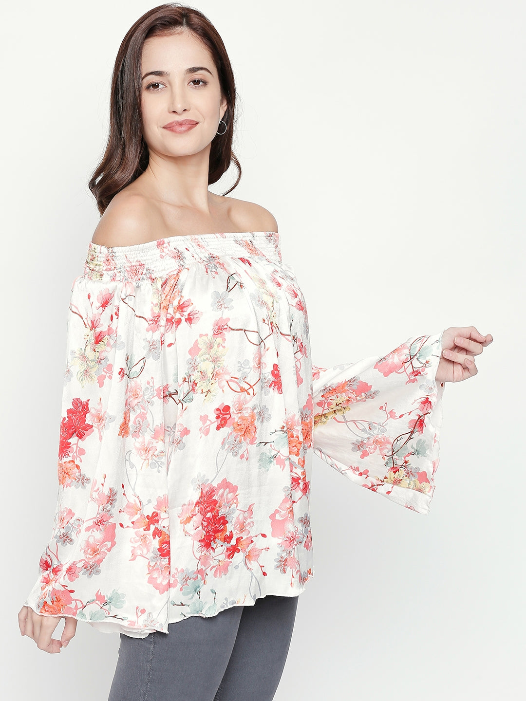 White & Red Floral Print Off-Shoulder Georgette Bardot Top