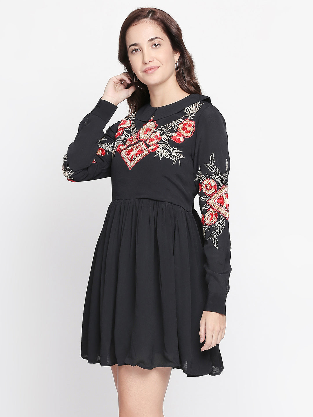 Black Floral Peter Pan Collar Georgette Dress