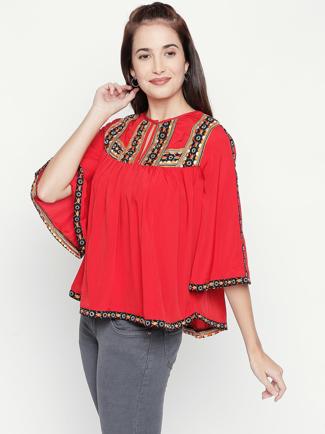 Red & Black Embroidered Keyhole Neck Crepe Top