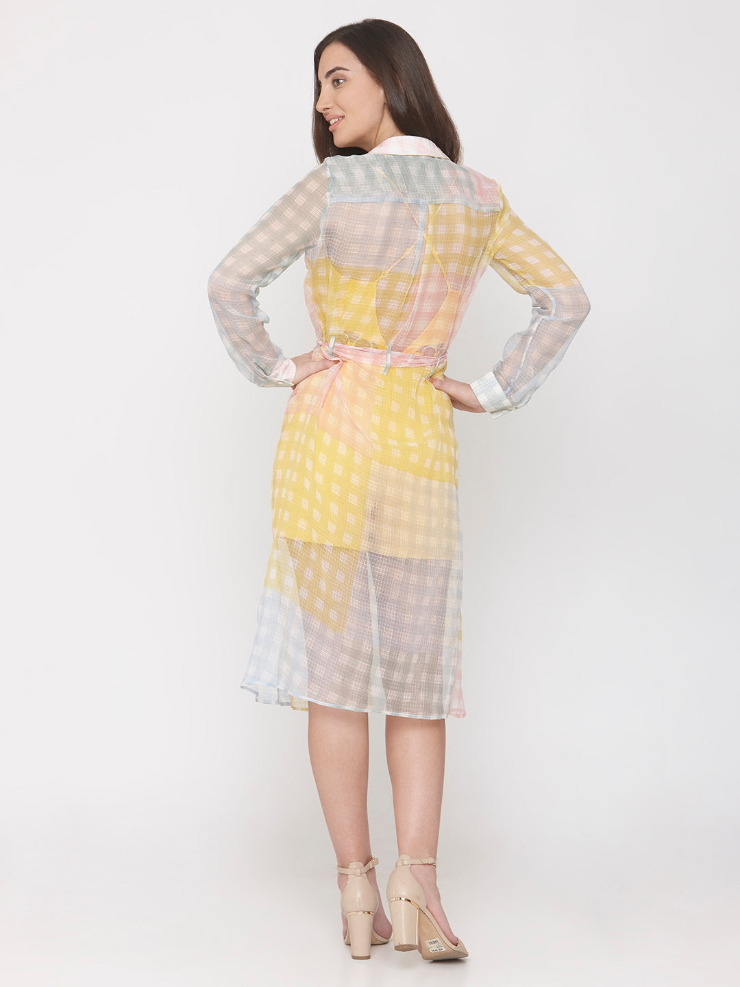 Multicolor Kota Checks Print Waist Tie-up Shirt Dress