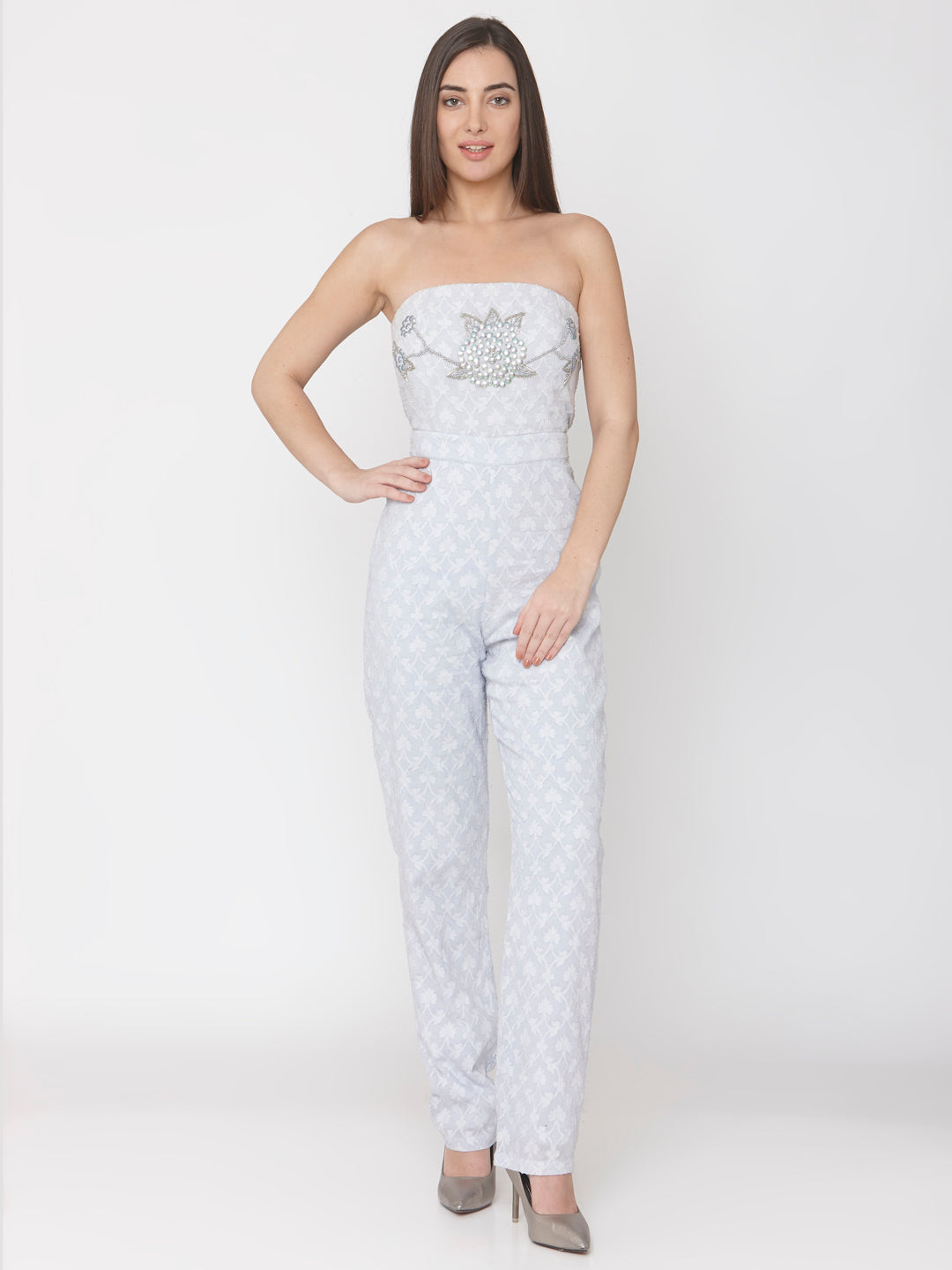 Lilac Cotton Jacquard Embellished Jumpsuit