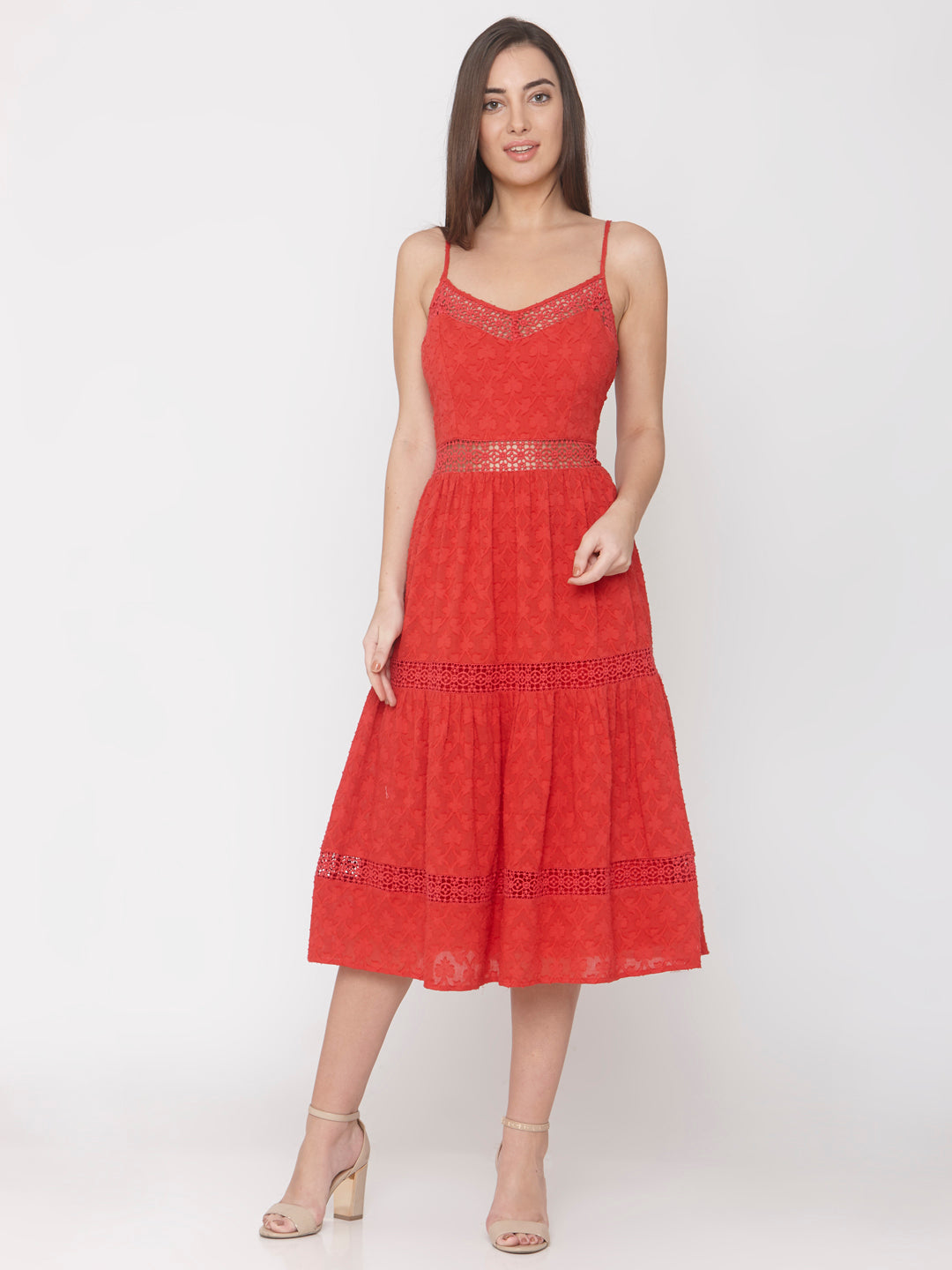 Red Lace Midi Dress