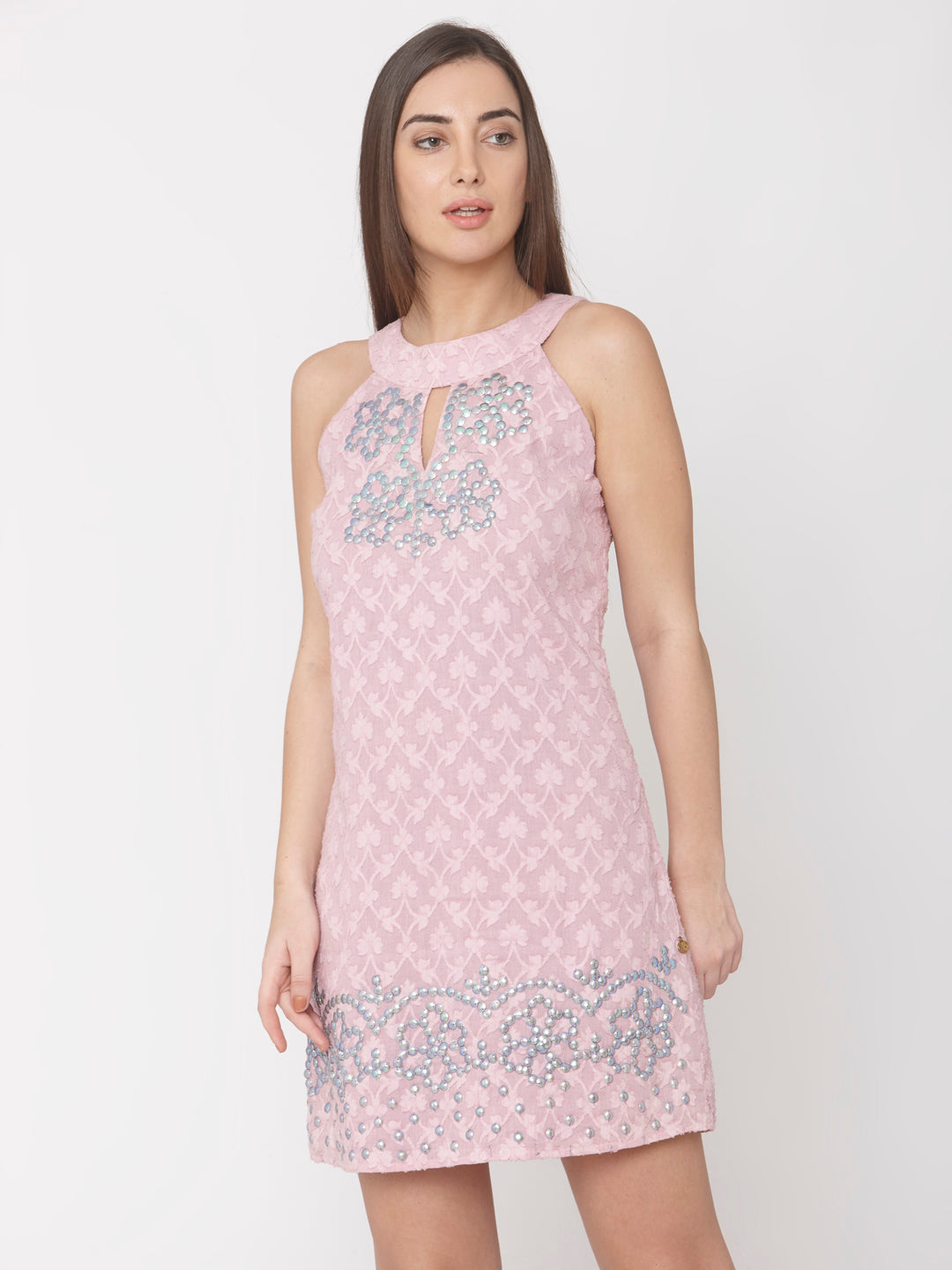 Pink Ethnic Motifs Jacquard Sheath Dress