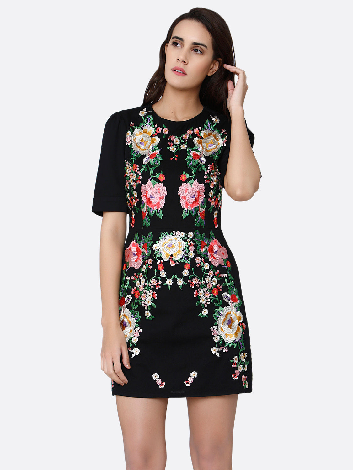 Black Floral Embroidered Sheath Mini Dress