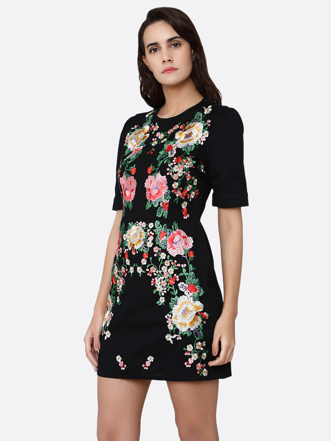 Black Floral Embroidered Sheath Mini Dress