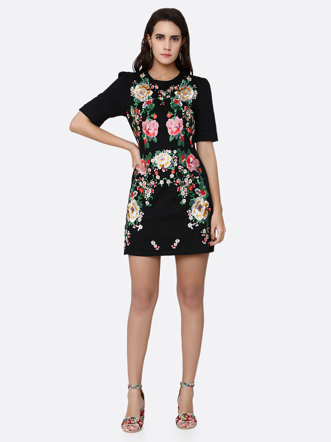 Black Floral Embroidered Sheath Mini Dress