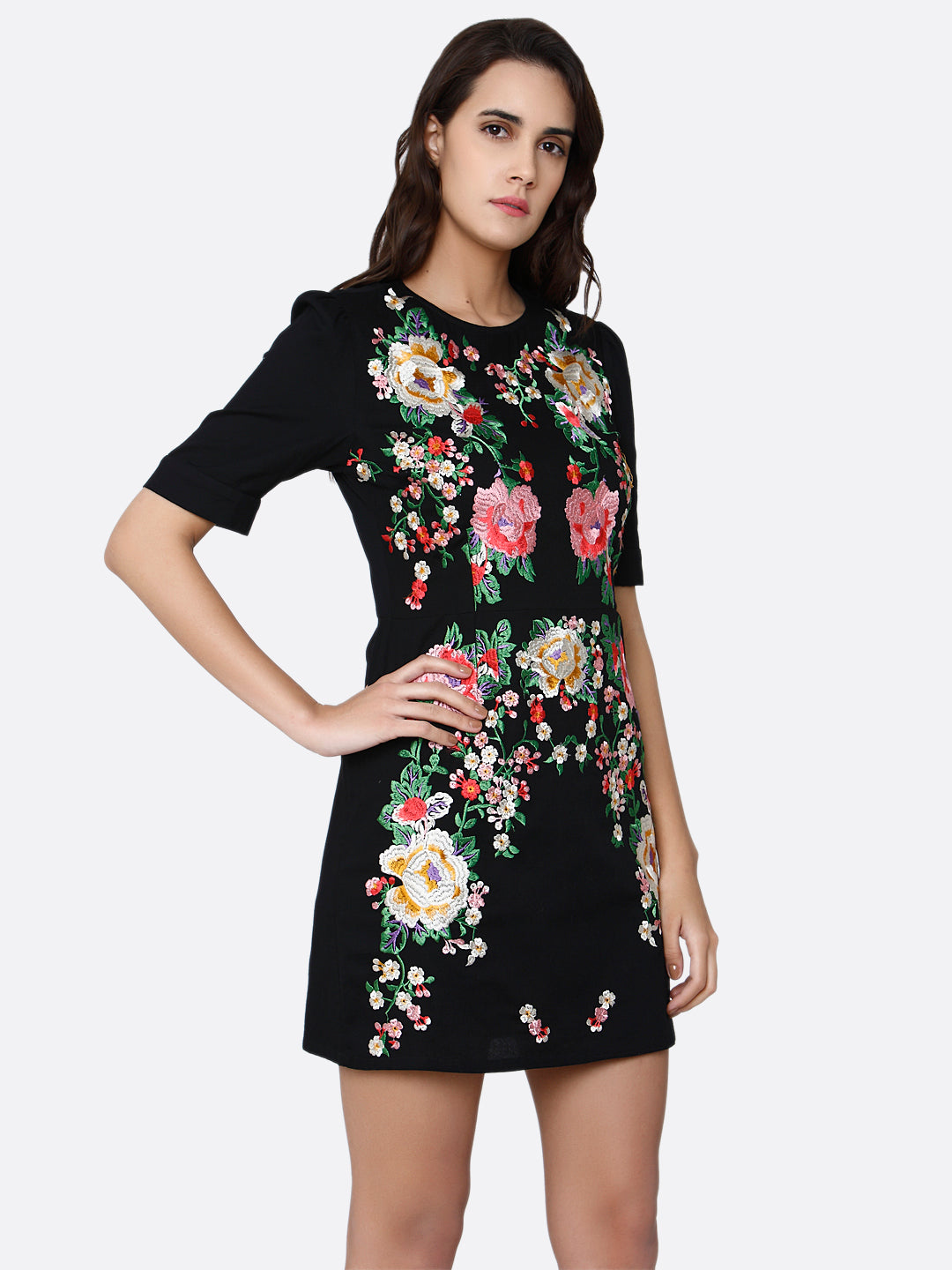 Black Floral Embroidered Sheath Mini Dress