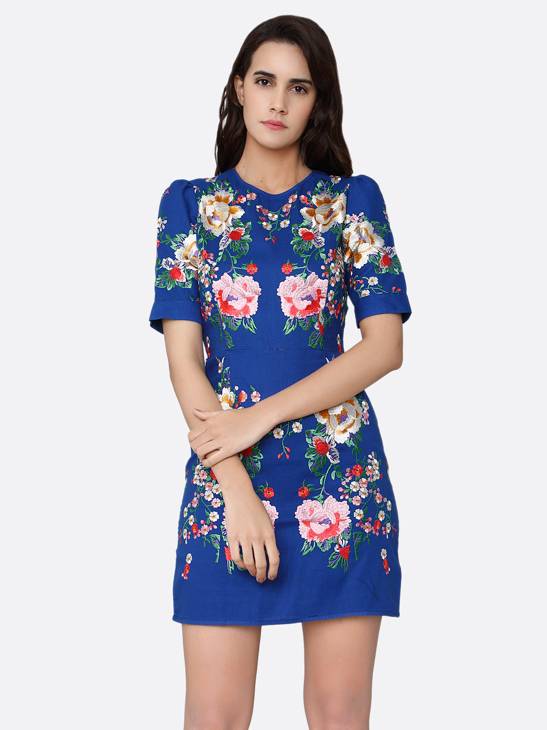 Blue & Red Floral Sheath Cotton Dress