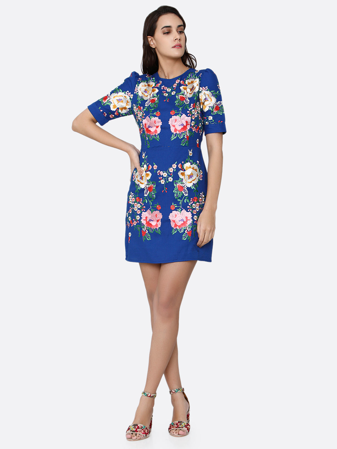 Blue & Red Floral Sheath Cotton Dress