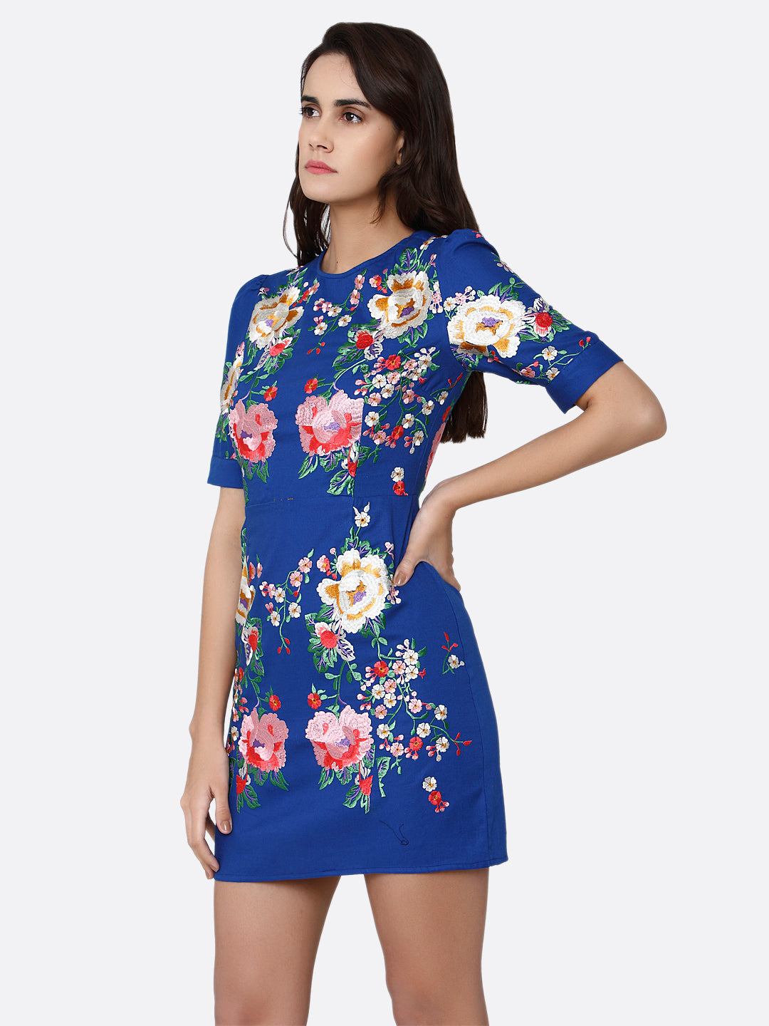 Blue & Red Floral Sheath Cotton Dress