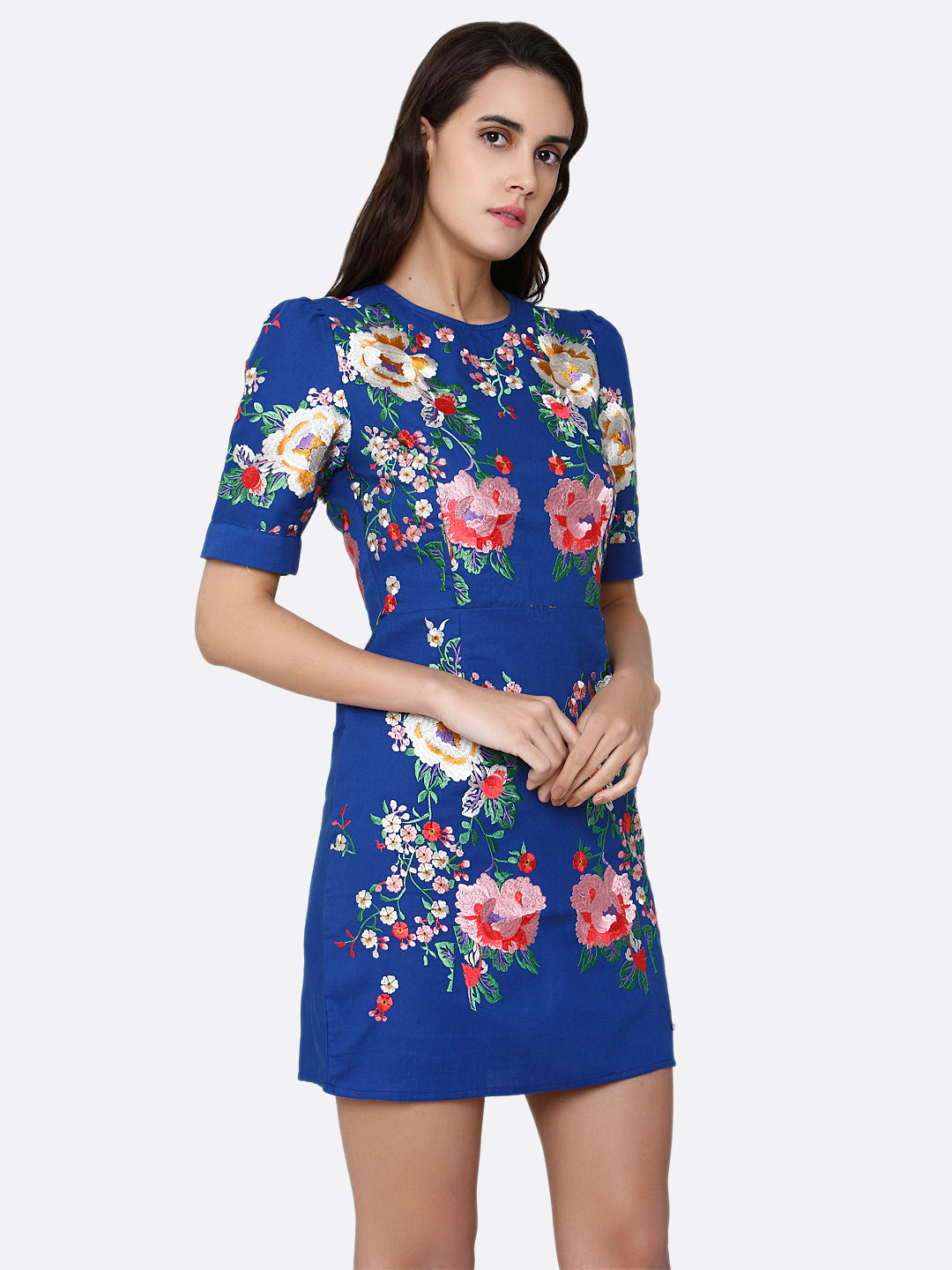 Blue & Red Floral Sheath Cotton Dress