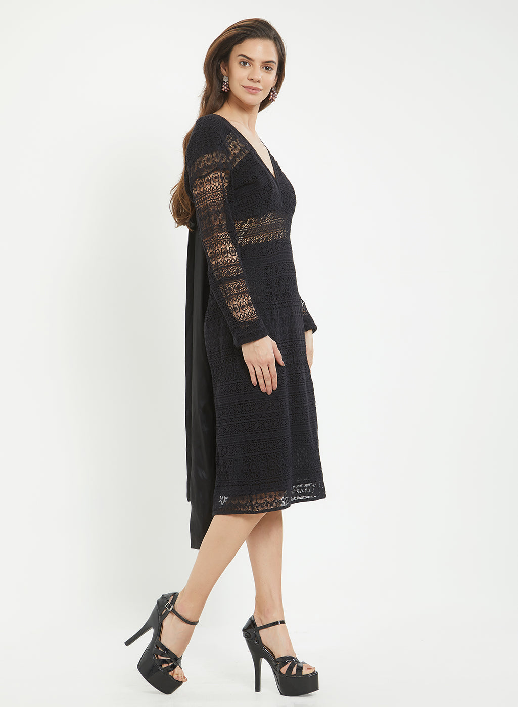 Black Self Design Lace Cotton Sheath Dress