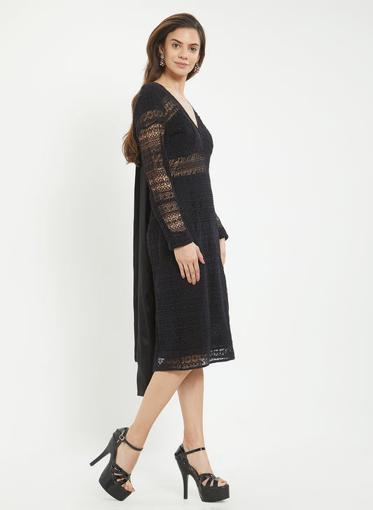 Black Self Design Lace Cotton Sheath Dress