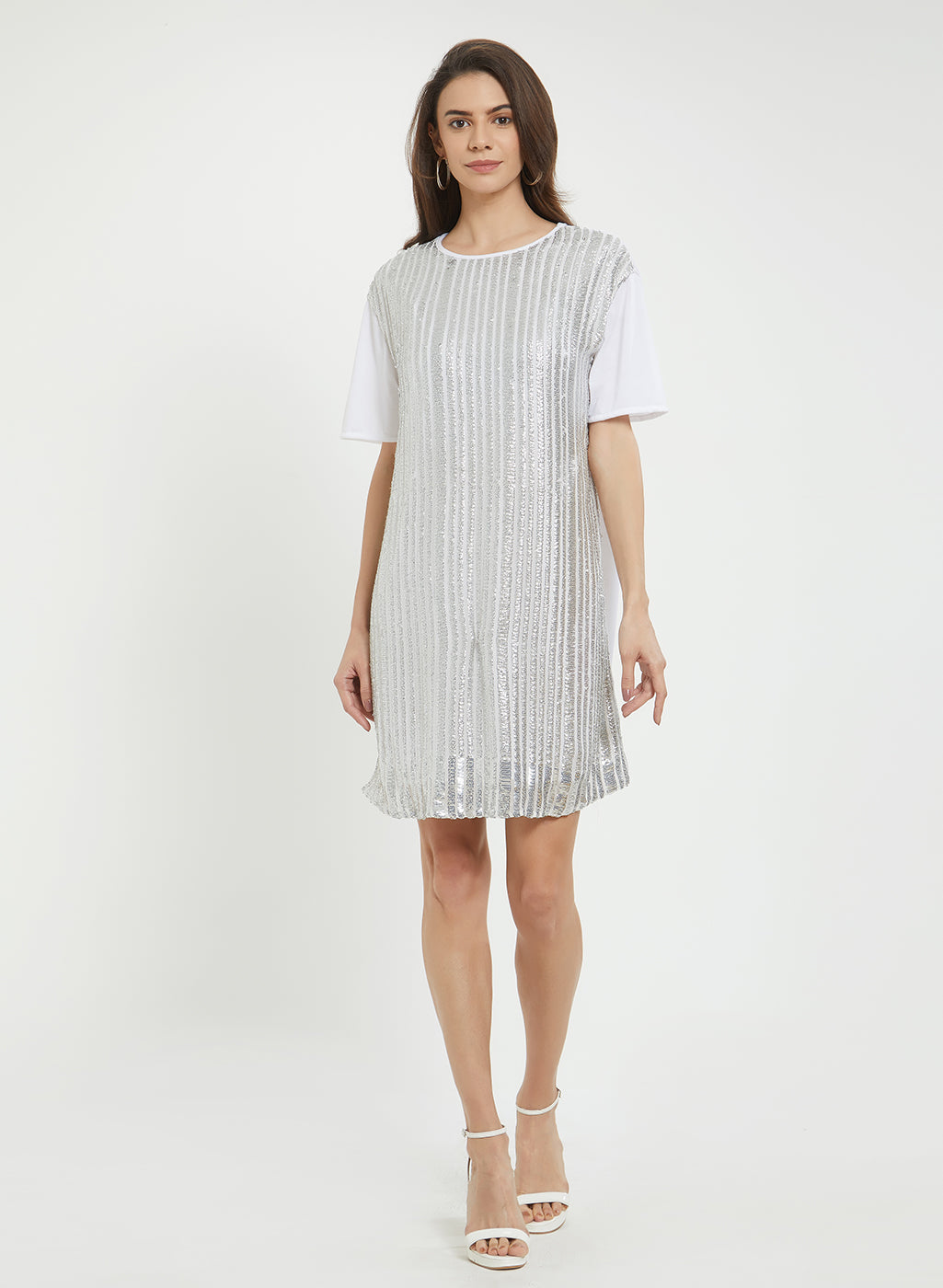 White & Grey Striped Sequined Embellished A-Line Dress