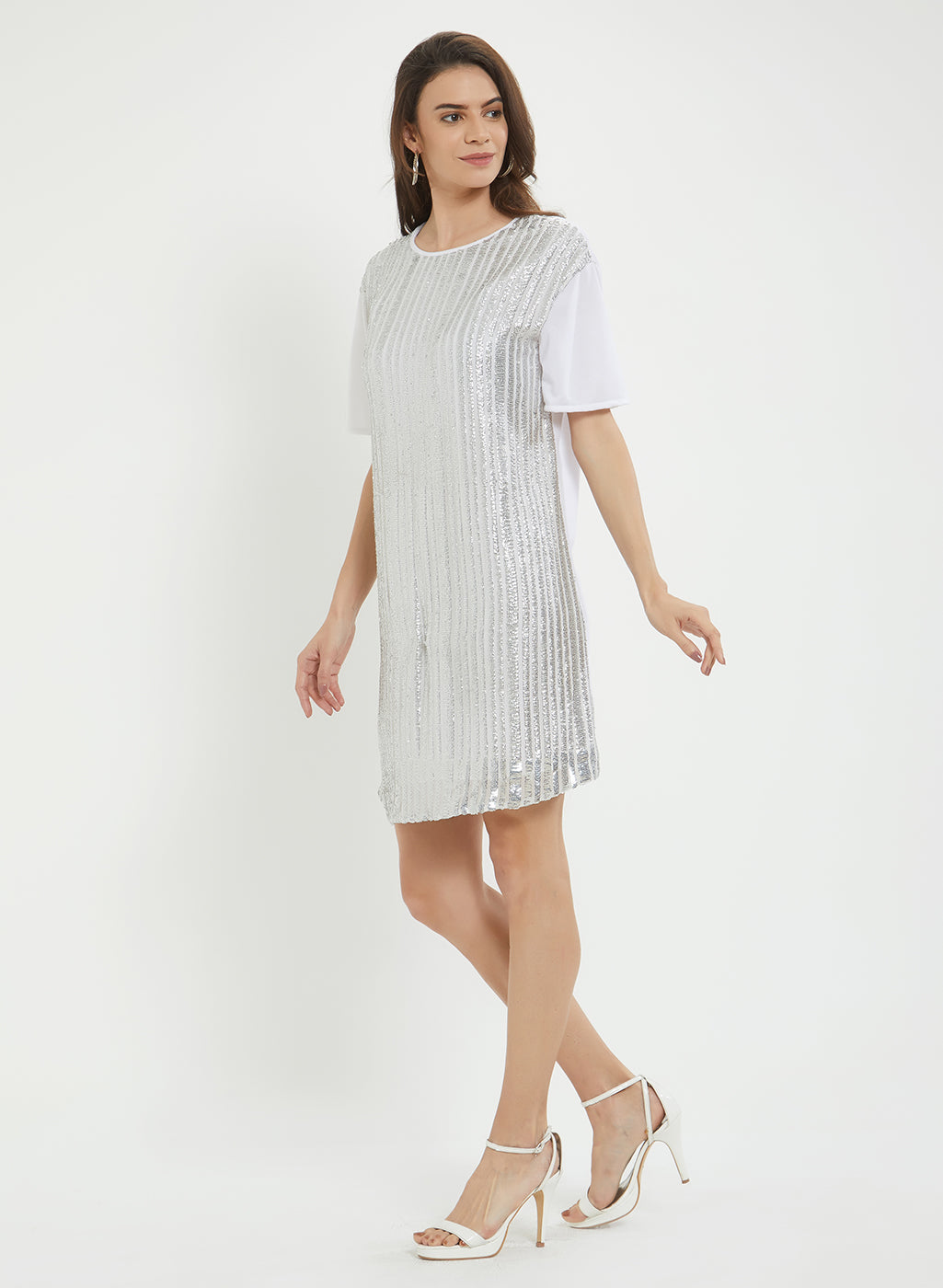 White & Grey Striped Sequined Embellished A-Line Dress