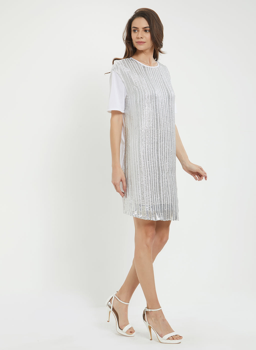 White & Grey Striped Sequined Embellished A-Line Dress