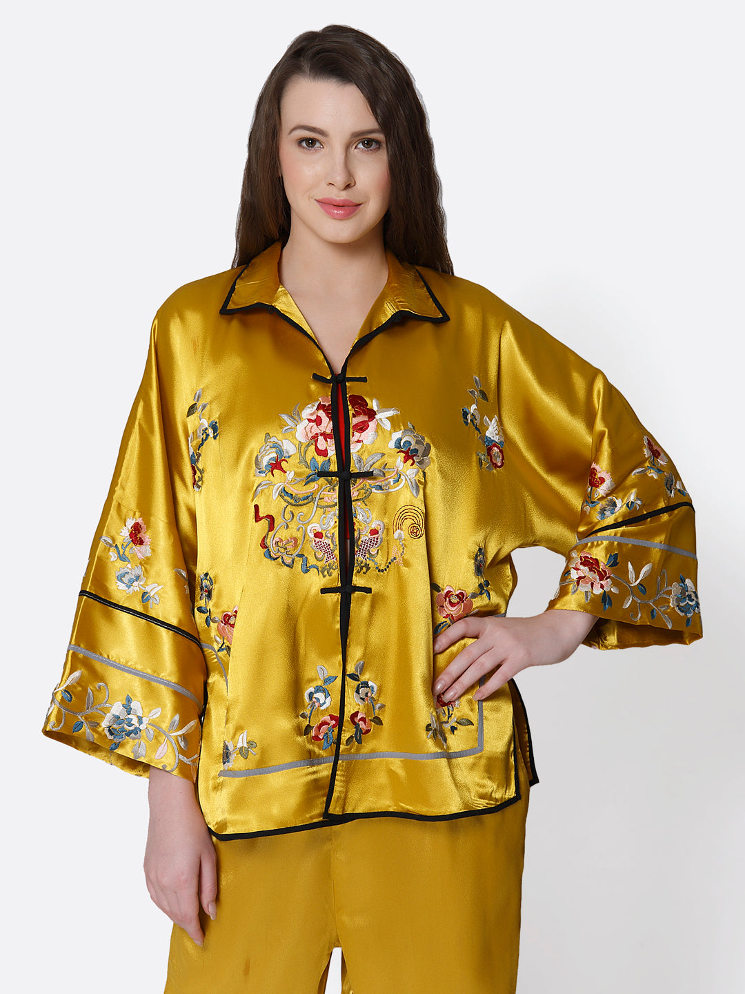 Yellow Thread Embroidered Kimono Co-Ord Set