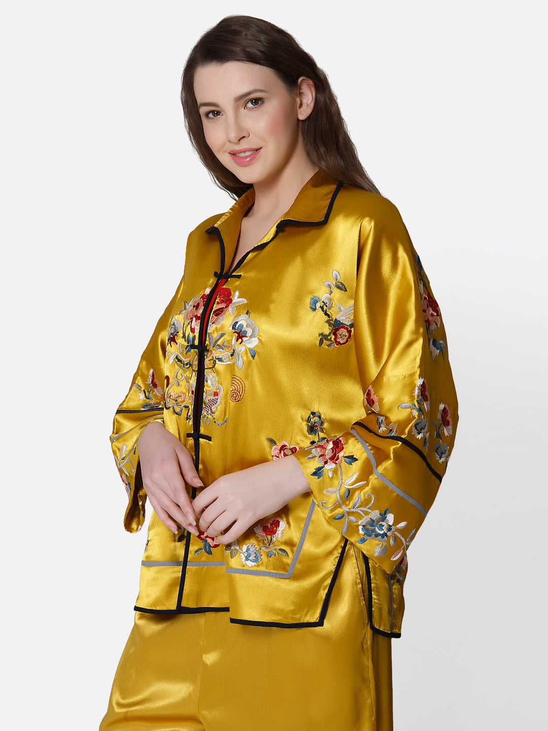 Yellow Thread Embroidered Kimono Co-Ord Set