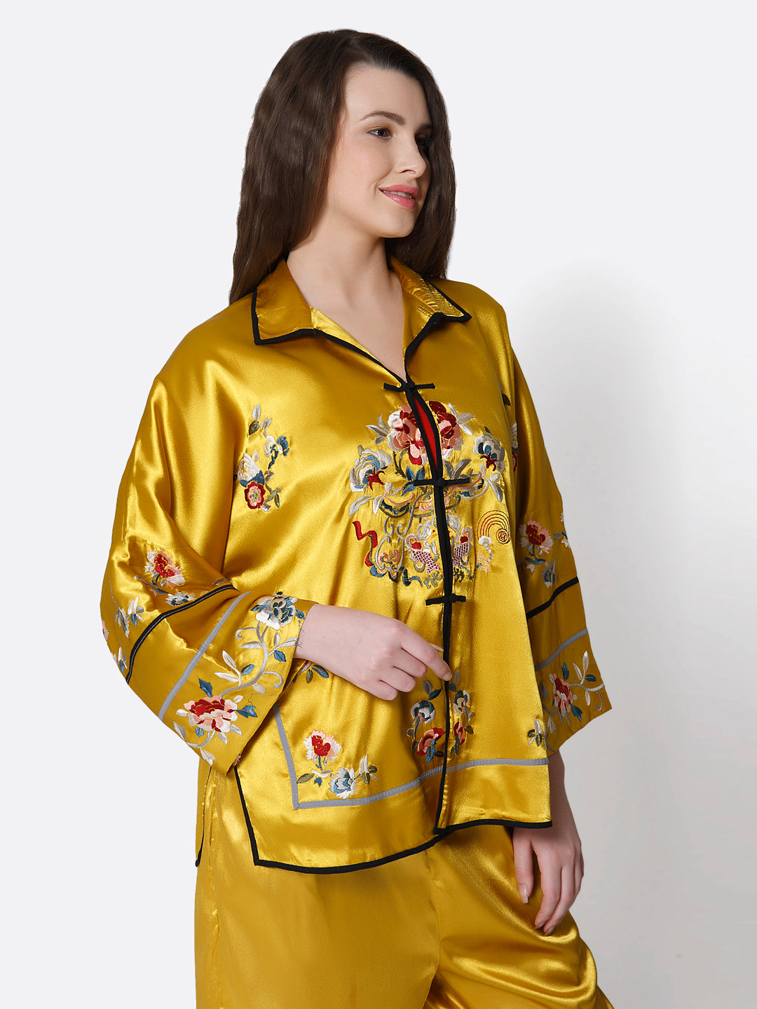 Yellow Thread Embroidered Kimono Co-Ord Set