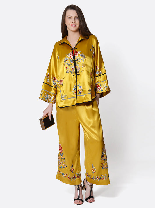 Yellow Thread Embroidered Kimono Co-Ord Set