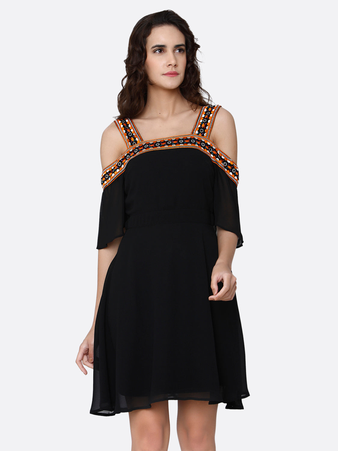 Black Cold-Shoulder Georgette Fit & Flare Dress