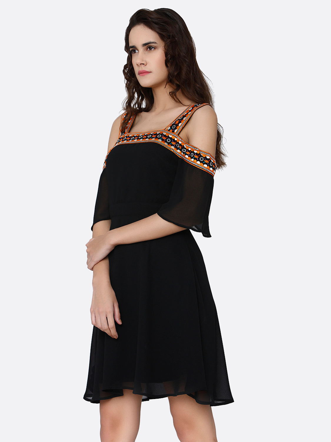 Black Cold-Shoulder Georgette Fit & Flare Dress